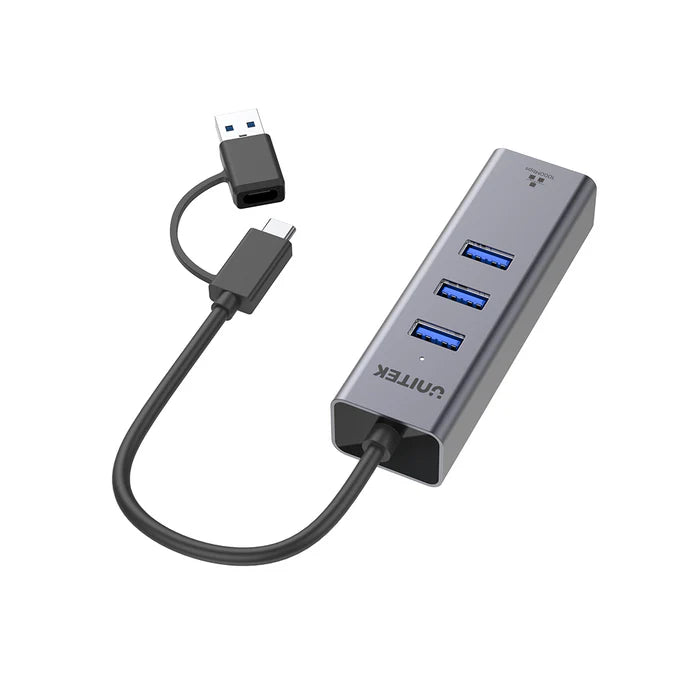UNITEK Y-3088B uHUB Q4+ 4-in-1 USB-C Hub with 3 USB 3.0 Ports, Gigabit Ethernet LAN & USB-A Adapter