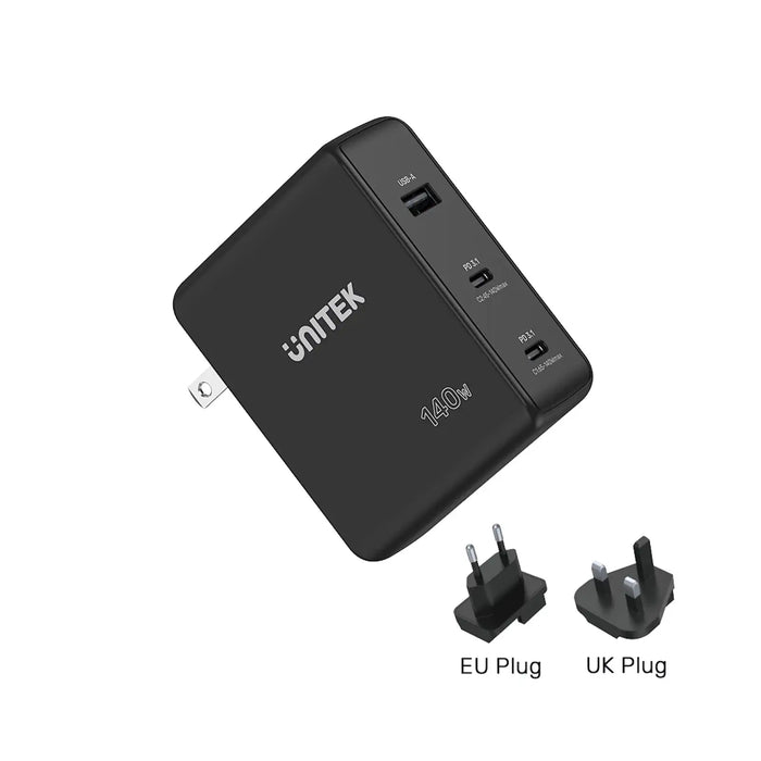 UNITEK P1115A 140W GaN Wall Charger 2x USB-C 1x USB-A PD Fast Charge for MacBook Pro iPad iPhone EU