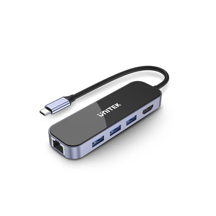 UNITEK D1084A 6-in-1 USB-C Hub 4K@60Hz HDMI 3xUSB-A 5Gbps Gigabit Ethernet 100W PD Glass Design