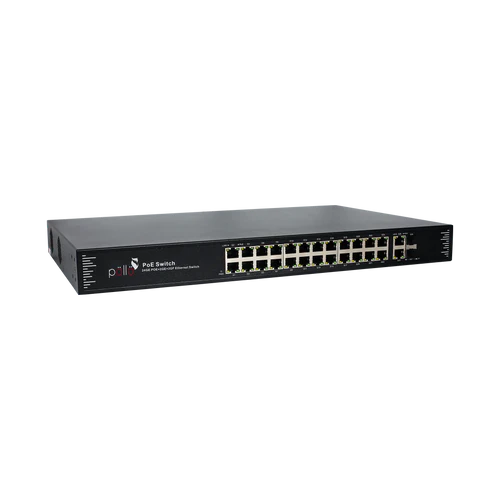 28-Port Gigabit PoE Network Switch with 2 SFP | PLN-1124GB-SFP | 24 × Gigabit PoE Ports | 2 × RJ45 Uplink | 2 × SFP Fiber | 400W PoE Budget | 56 Gbps Switching | 4KV Lightning Protection | IP30