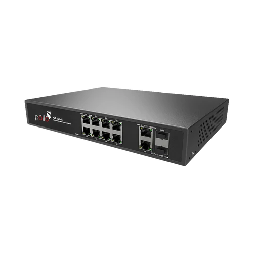 12-Port Gigabit PoE Network Switch with Gigabit Uplink & 2 SFP | PLN-1108GB-SFP | 8 × Gigabit PoE Ports | 2 × RJ45 Uplink | 2 × SFP Fiber | 130W PoE Budget | 24 Gbps Switching | 4KV Lightning Protection | IP30