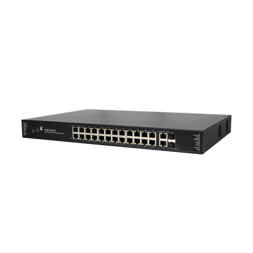 28-Port Gigabit PoE Network Switch with 2 SFP | PLN-1124GB-SFP | 24 × Gigabit PoE Ports | 2 × RJ45 Uplink | 2 × SFP Fiber | 400W PoE Budget | 56 Gbps Switching | 4KV Lightning Protection | IP30