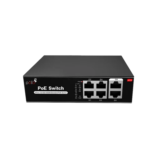 6-Port Gigabit PoE Network Switch | PLN-1104GB | 4 × Gigabit PoE Ports | 2 × Gigabit Uplink | 65W PoE Budget | 16 Gbps Switching | 4KV Lightning Protection | IP30