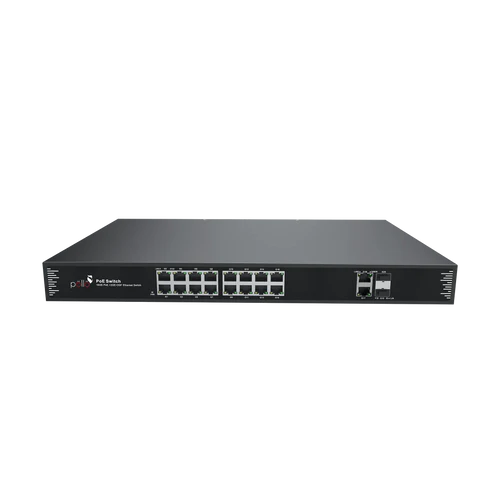 18-Port Gigabit PoE Network Switch with 2 SFP | PLN-1116GB-SFP | 16 × Gigabit PoE Ports | 2 × RJ45 Uplink | 2 × SFP Fiber | 250W PoE Budget | 56 Gbps Switching | 4KV Lightning Protection | IP30