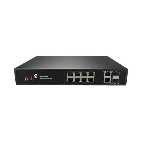12-Port Gigabit PoE Network Switch with Gigabit Uplink & 2 SFP | PLN-1108GB-SFP | 8 × Gigabit PoE Ports | 2 × RJ45 Uplink | 2 × SFP Fiber | 130W PoE Budget | 24 Gbps Switching | 4KV Lightning Protection | IP30