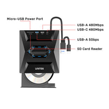UNITEK T1037A01 External Optical Drive 5-in-1 Hub CD/DVD Burner USB 3.0 5Gbps SD Card Reader for Windows Mac