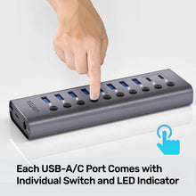 UNITEK H1315B01-EU 10-in-1 USB Hub with 8 USB-A, 2 USB-C Ports, Individual Switches & BC1.2 Fast Charging