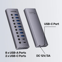 UNITEK H1315B01-EU 10-in-1 USB Hub with 8 USB-A, 2 USB-C Ports, Individual Switches & BC1.2 Fast Charging