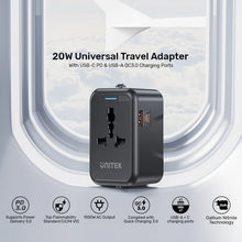 UNITEK P1120ABK01 Universal Travel Adapter 20W PD 18W QC 3.0 4-in-1 Plug for over 200 Countries USB-C USB-A