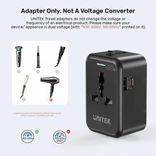 UNITEK P1120ABK01 Universal Travel Adapter 20W PD 18W QC 3.0 4-in-1 Plug for over 200 Countries USB-C USB-A