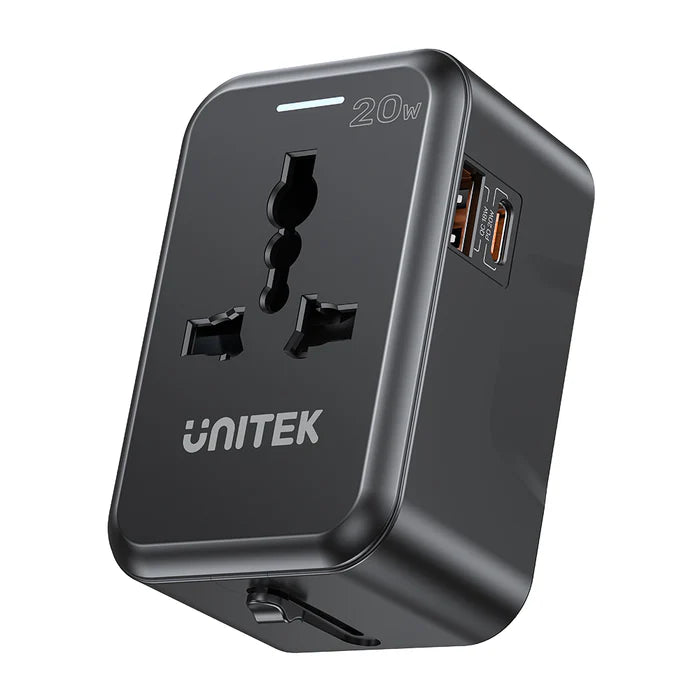 UNITEK P1120ABK01 Universal Travel Adapter 20W PD 18W QC 3.0 4-in-1 Plug for over 200 Countries USB-C USB-A