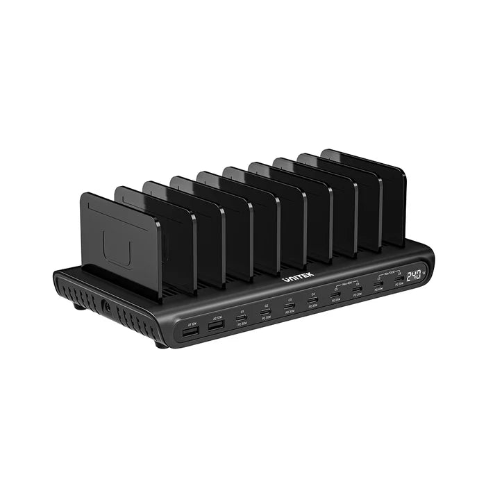 UNITEK P1230CBK01-EU 240W 10-Port USB Charging Station 8 USB-C 2 USB-A Smart Charger for Laptops Tablets Phones