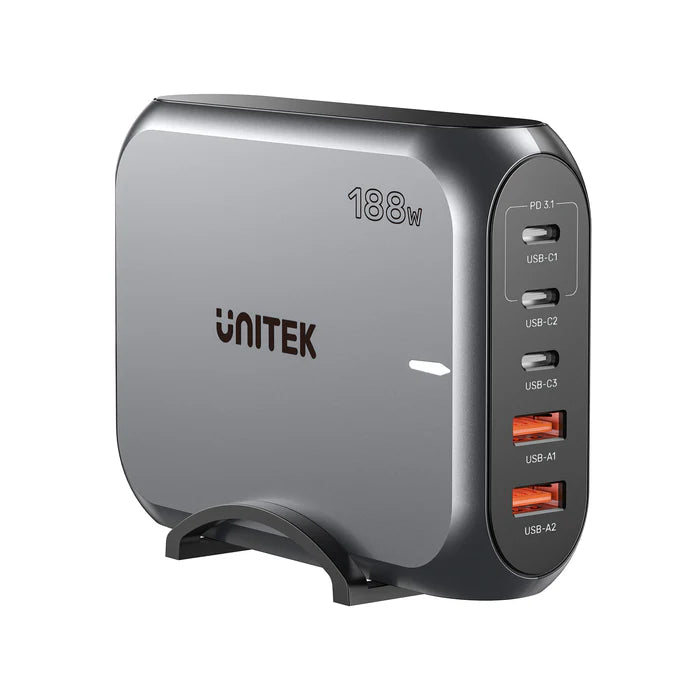 UNITEK P1234AGY01-EU 188W PD3.1 GaN Desktop Charger 5-Port 140W for MacBook Pro USB-C USB-A EU