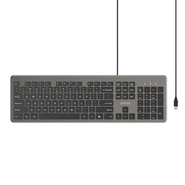UNITEK T052AGY01-US SlimTap Ultra Light Wired Keyboard 104 Keys Space Grey USB-A Silent Ergonomic