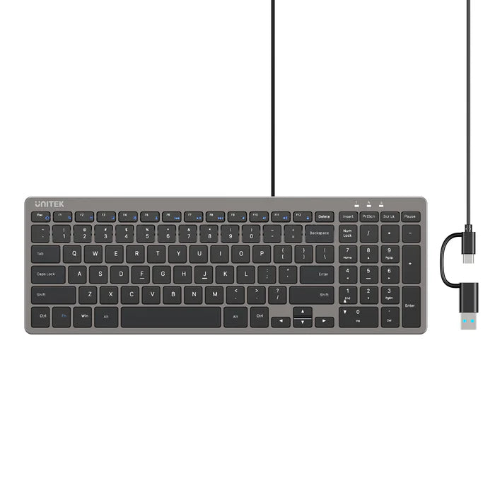 UNITEK T053AGY01-US SlimTap Ultra Light Wired Keyboard 99 Keys Space Grey USB-C/USB-A Silent Ergonomic
