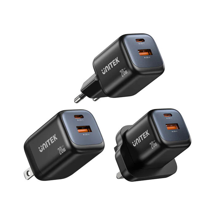 UNITEK P1128ABK01-EU ZENO 20W GaN Dual-Port Wall Charger 20W USB-C 18W USB-A PD3.0 QC3.0 EU Plug