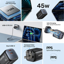 UNITEK P1129ABK01-EU ZENO 45W GaN Dual USB-C Wall Charger PD3.0 QC4+ SFC2.0 EU Plug Black