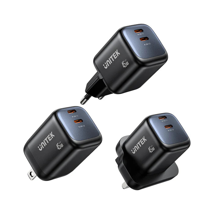 UNITEK P1129ABK01-EU ZENO 45W GaN Dual USB-C Wall Charger PD3.0 QC4+ SFC2.0 EU Plug Black