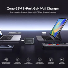 UNITEK P1130ABK01-EU ZENO 65W GaN 3-Port Wall Charger 2xUSB-C 1xUSB-A PD3.0 SFC2.0 QC3.0 EU Plug Black