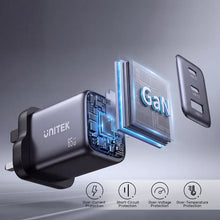 UNITEK P1130ABK01-EU ZENO 65W GaN 3-Port Wall Charger 2xUSB-C 1xUSB-A PD3.0 SFC2.0 QC3.0 EU Plug Black