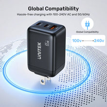UNITEK P1130ABK01-EU ZENO 65W GaN 3-Port Wall Charger 2xUSB-C 1xUSB-A PD3.0 SFC2.0 QC3.0 EU Plug Black