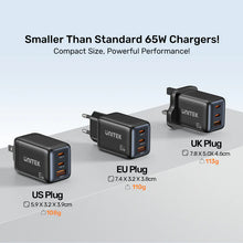 UNITEK P1130ABK01-EU ZENO 65W GaN 3-Port Wall Charger 2xUSB-C 1xUSB-A PD3.0 SFC2.0 QC3.0 EU Plug Black