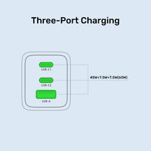 UNITEK P1130ABK01-EU ZENO 65W GaN 3-Port Wall Charger 2xUSB-C 1xUSB-A PD3.0 SFC2.0 QC3.0 EU Plug Black