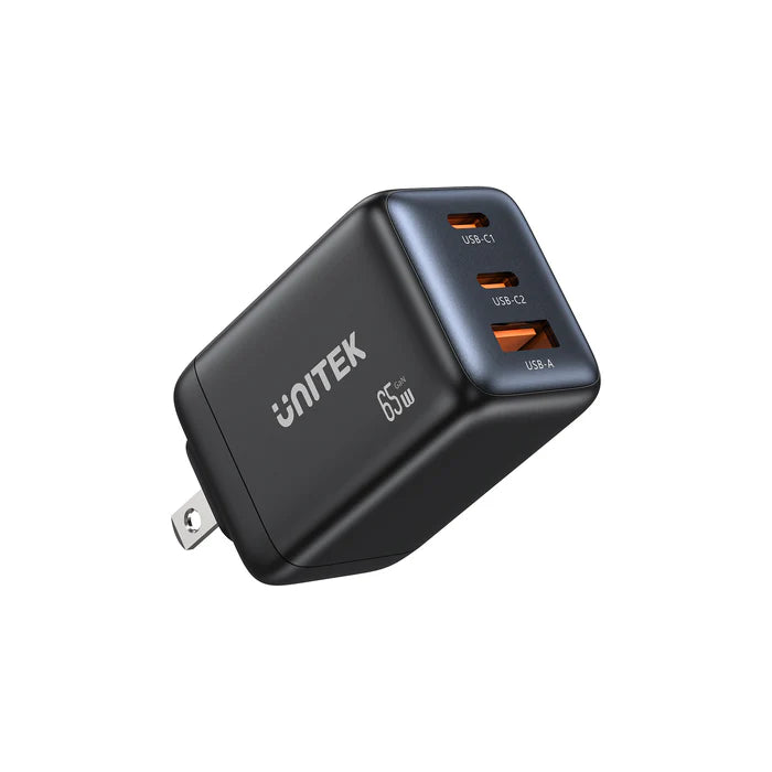 UNITEK P1130ABK01-EU ZENO 65W GaN 3-Port Wall Charger 2xUSB-C 1xUSB-A PD3.0 SFC2.0 QC3.0 EU Plug Black