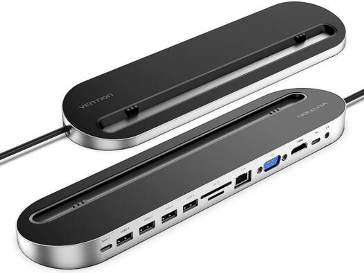 VENTION THEBC 12-in-1 Type-C Docking Station Metal Black | 4K@30Hz HDMI & DP | 5Gbps USB | Gigabit Ethernet | 100W PD | SD/TF | VGA | Audio