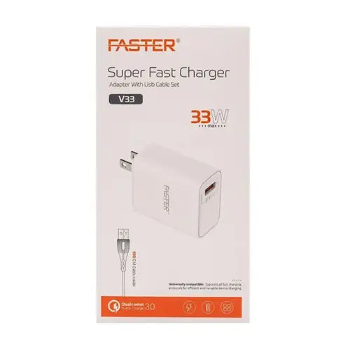 Faster V-33A QC 33W Charger Type-C | 33W Fast Charging | Quick Charge Compatible | USB-C | Smart Power Management | Compact Travel Design | Over-Voltage Protection